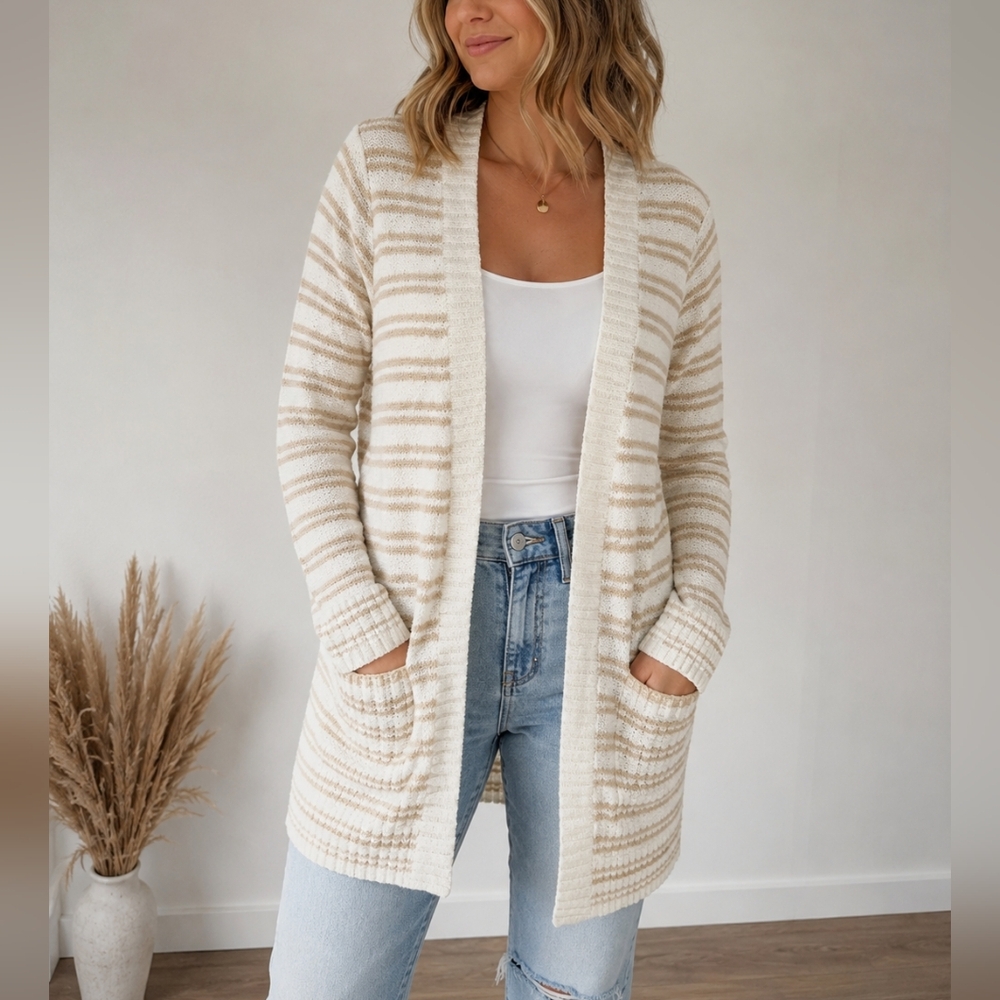 Banana Republic Open Front Cardigan Sweater Cream Tan Stripe 100% Cotton Size M